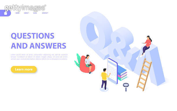 Questions and answers concept. Men and women are looking for answers ...