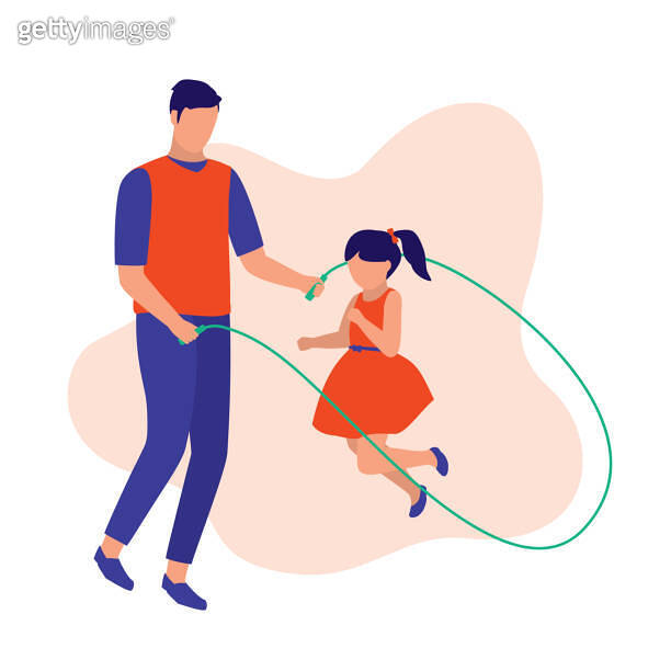 Father Playing Jumping Rope With His Daughter. ParentChild Bonding