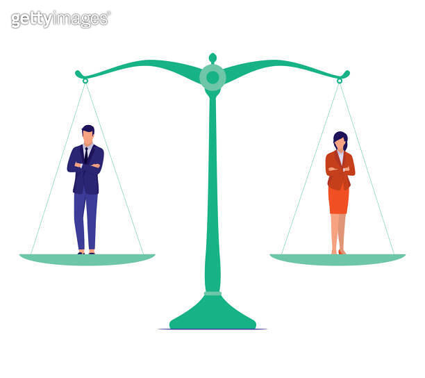 Businessman And Businesswoman Standing On A Scales Of Justice. Gender ...