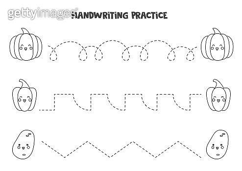 Tracing lines with cute black and white vegetables. Writing practice ...