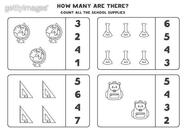 Counting game with cute kawaii school supplies. Black and white math ...