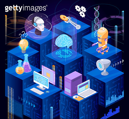 Display Tech Development Hi tech office futuristic workflow isometric. Modern people digital ...