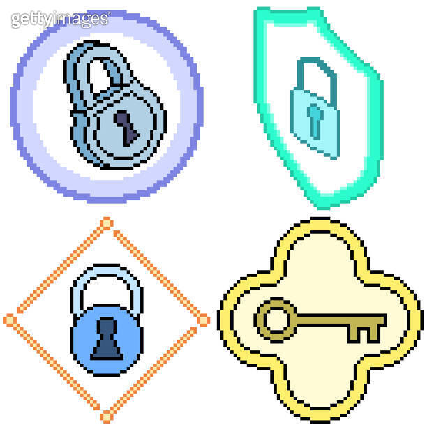 set of pixel art isolated key lock protection (1299744836) - 게티이미지뱅크