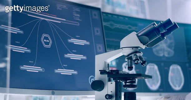 Laboratory equipment, microscope and computers. Brainwave research on ...