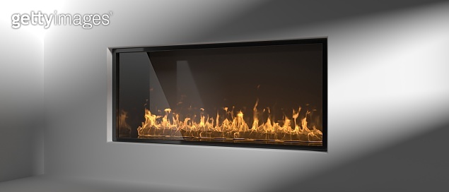 Fire Radiating Burning fire in an energy fireplace radiates heat, warm house, modern ...