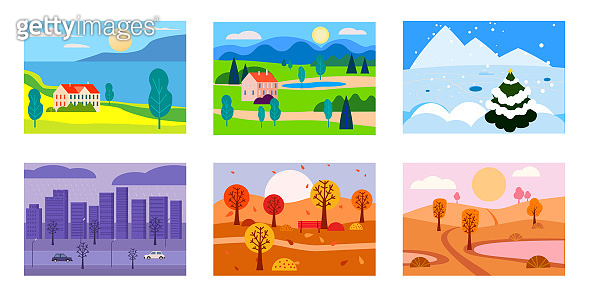 Set of seasons landscapes winter, spring, summer, autumn. Rural ...