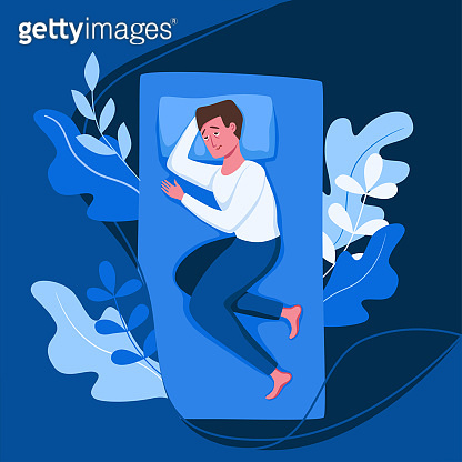 Sleepy awake man in bed suffers from insomnia. Vector illustration of ...