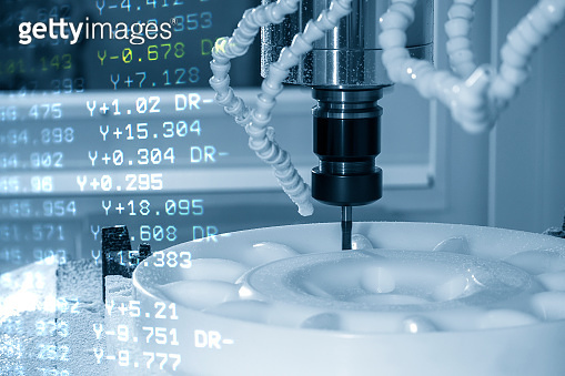 Abstract scene of CNC milling machine and G-code data background ...
