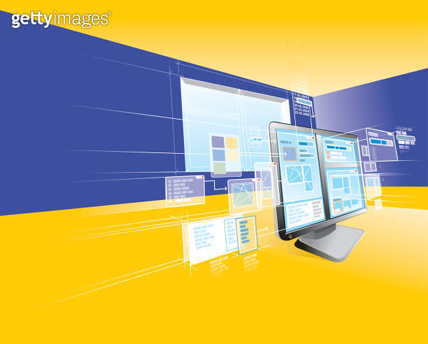 Windows Digital Design Digital Computer engendering process concept with windows flying from ...