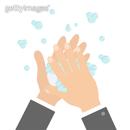 Wash hands with soap soap foam bubble. Cute cartoon businessman hand