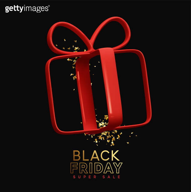 Black Friday Sale. Empty transparent gift box with red ribbon, gold