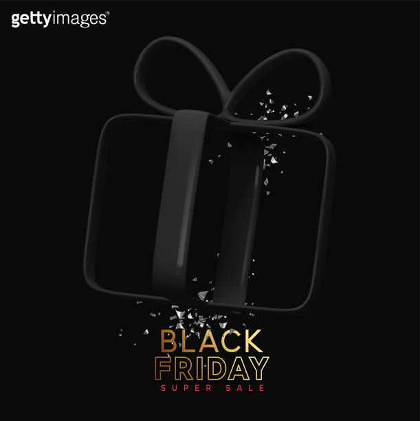 Black Friday Sale. Empty transparent gift box with black ribbon, silver