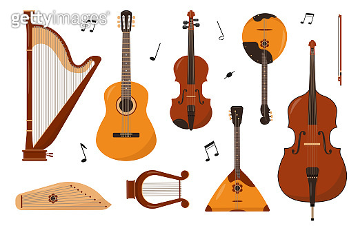 Set of Stringed musical instruments and notes isolated 이미지 (1388248274 ...