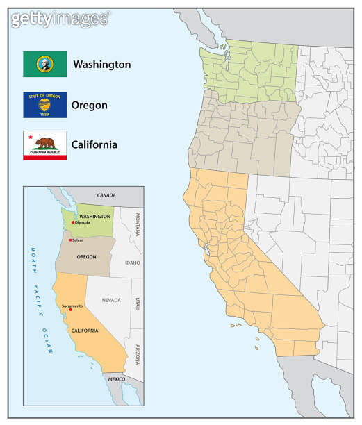 Administrative Map With Flags Of The US American West Coast States 1408375756 