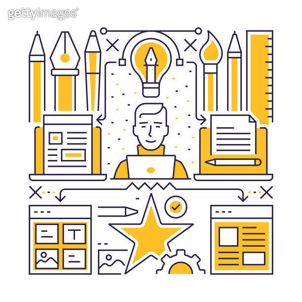 Think Objects Design Thinking object and elements. Line icons illustration collection ...