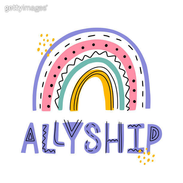 Vector calligraphy illlustration. Word of Allyship. Icon pf rainbow ...