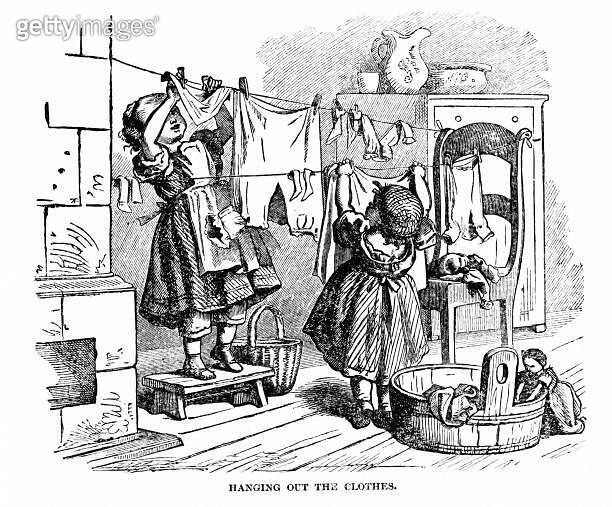 Laundry, Girls Hang Clothes on a Clothesline, Part 2 of 2 이미지