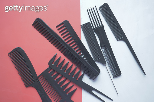 overhead view of Professional combs on color background 이미지 (1442379902 ...