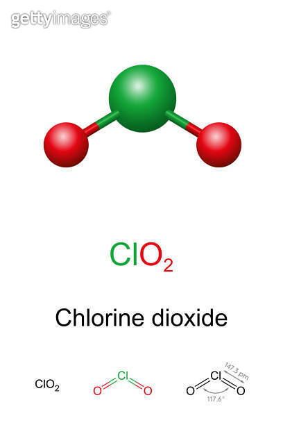 Chlorine, ClO2, ball-and-stick model, molecular and chemical formula ...