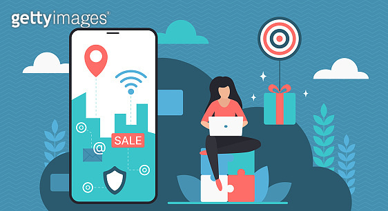 Ecommerce, online shop sales and delivery, tiny customer using mobile ...