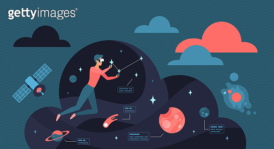 Virtual reality entertainment and education, tiny person in VR glasses ...