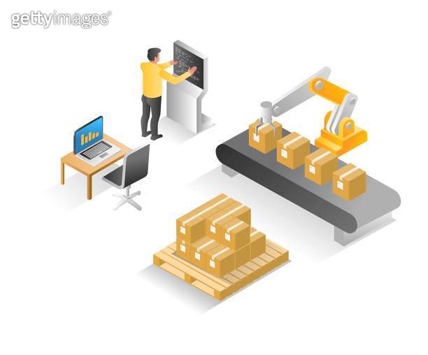 Flat isometric illustration concept. operator controlling cardboard