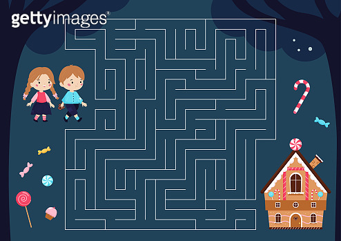 Maze game for children. Hansel and Gretel find the sweet gingerbread ...