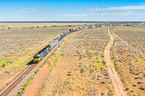 Aerial view Pacific National intermodal container train passing through ...