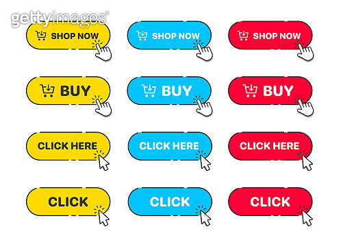 3d click here web buttons. Set of action button, hand cursor and arrow ...