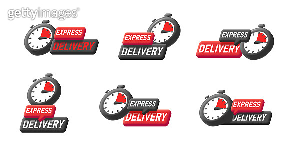 Stopwatch logo with label text, express fast delivery tag, 3d black and ...