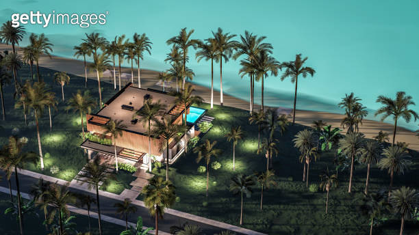 3d rendering of modern house with wood plank facade by the sea or ocean ...