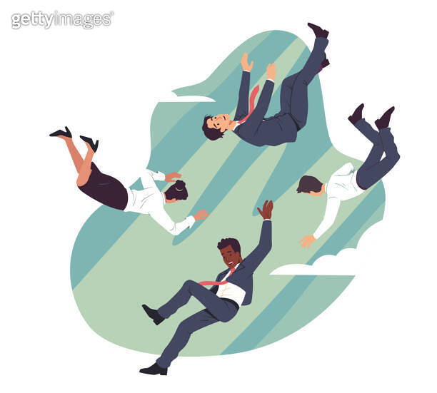 Business men, woman colleague team persons falling down from sky ...