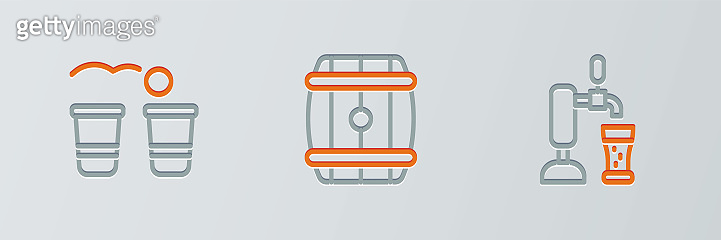 Set line Beer tap with glass, pong game and Wooden barrel icon. Vector ...
