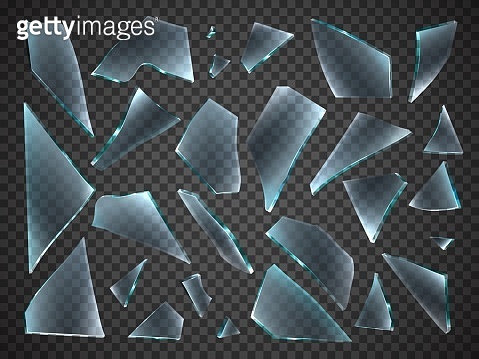 Broken glass shards. Realistic different random shapes pieces. 3D sharp ...