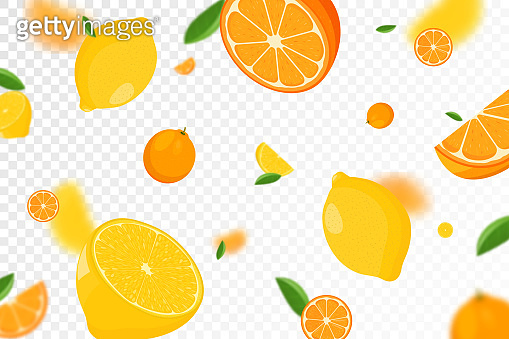 Citrus background. Flying Lemon and orange with green leaf on ...
