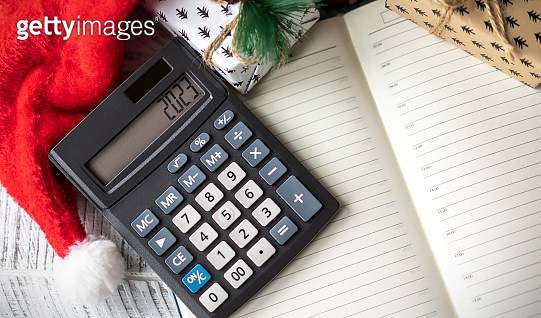 New Year's layout with calculator, Santa's hat and Christmas ...