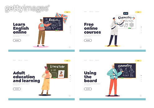 Online classes and lessons for adults concept of landing pages set with