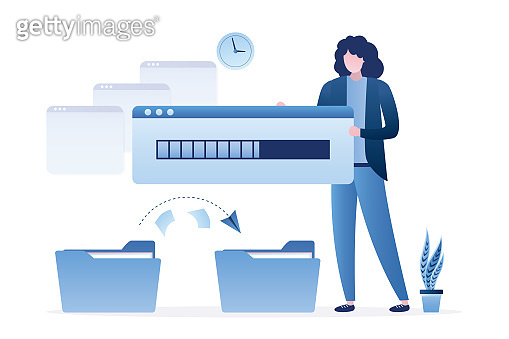 Female character holding progress bar of file copy. Copying data to new ...