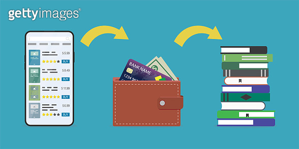 Stages of buying books in online store. Bookstore on screen of ...