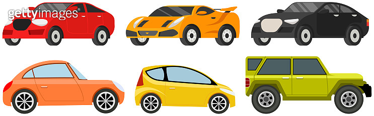 Big automobile set, car sedan. Urban transport. Colorful passenger cars ...