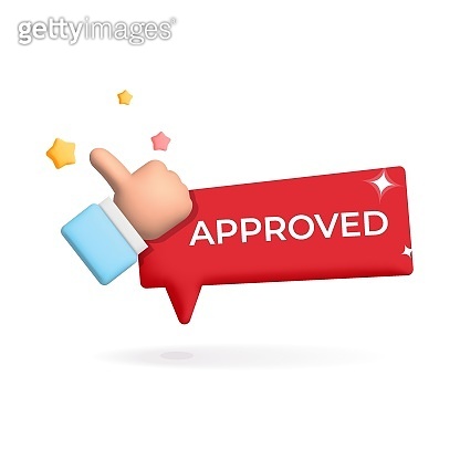 3d vector realistic render approved label with thumb up office hand ...