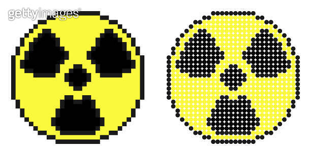 Pixel icon. Radioactive hazard signs on yellow background. Simple retro ...