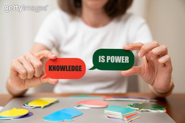 Woman holding speech bubble. Knowledge is power message on speech ...