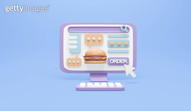 3D Rendering of burger on computer with of button and mouse click icon ...