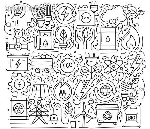 Power and Energy Related Objects and Elements. Hand Drawn Vector Doodle ...