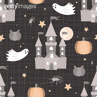 Halloween horror seamless pattern. Dark castles, pumpkin, spiders and ...