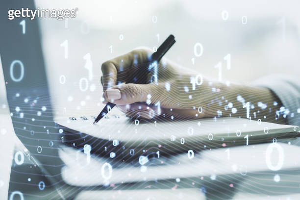 Creative abstract binary code hologram and hand writing in diary on ...