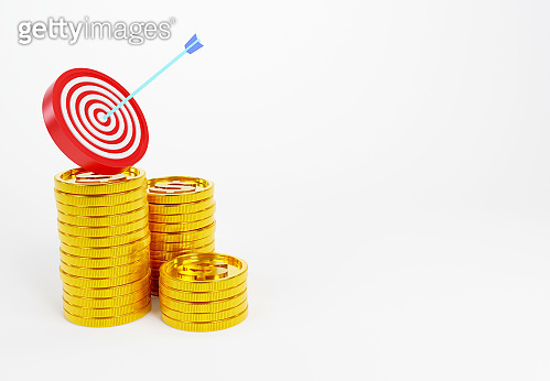 Arrow hitting center of a target with stacking golden coins, 3d ...