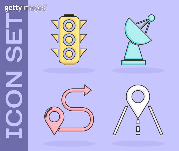 Set Road traffic sign, Traffic light, Route location and Radar icon ...