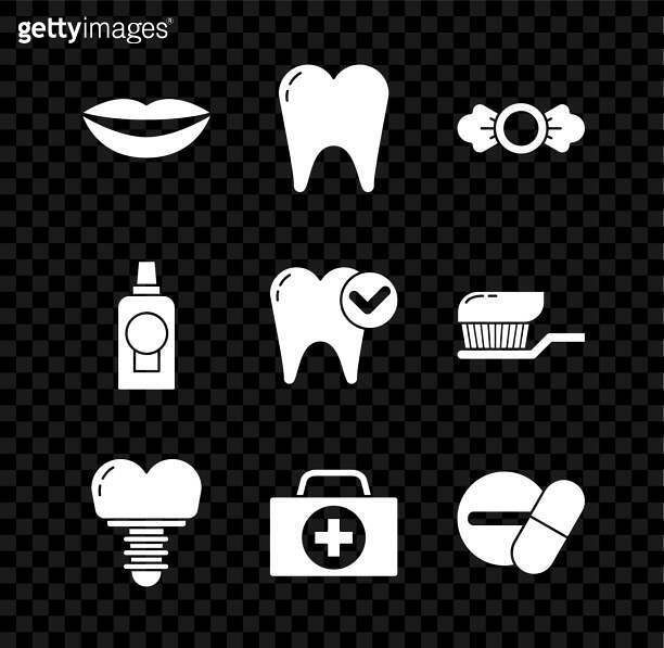 Set Smiling lips, Tooth, Candy, Dental implant, First aid kit, Medicine
